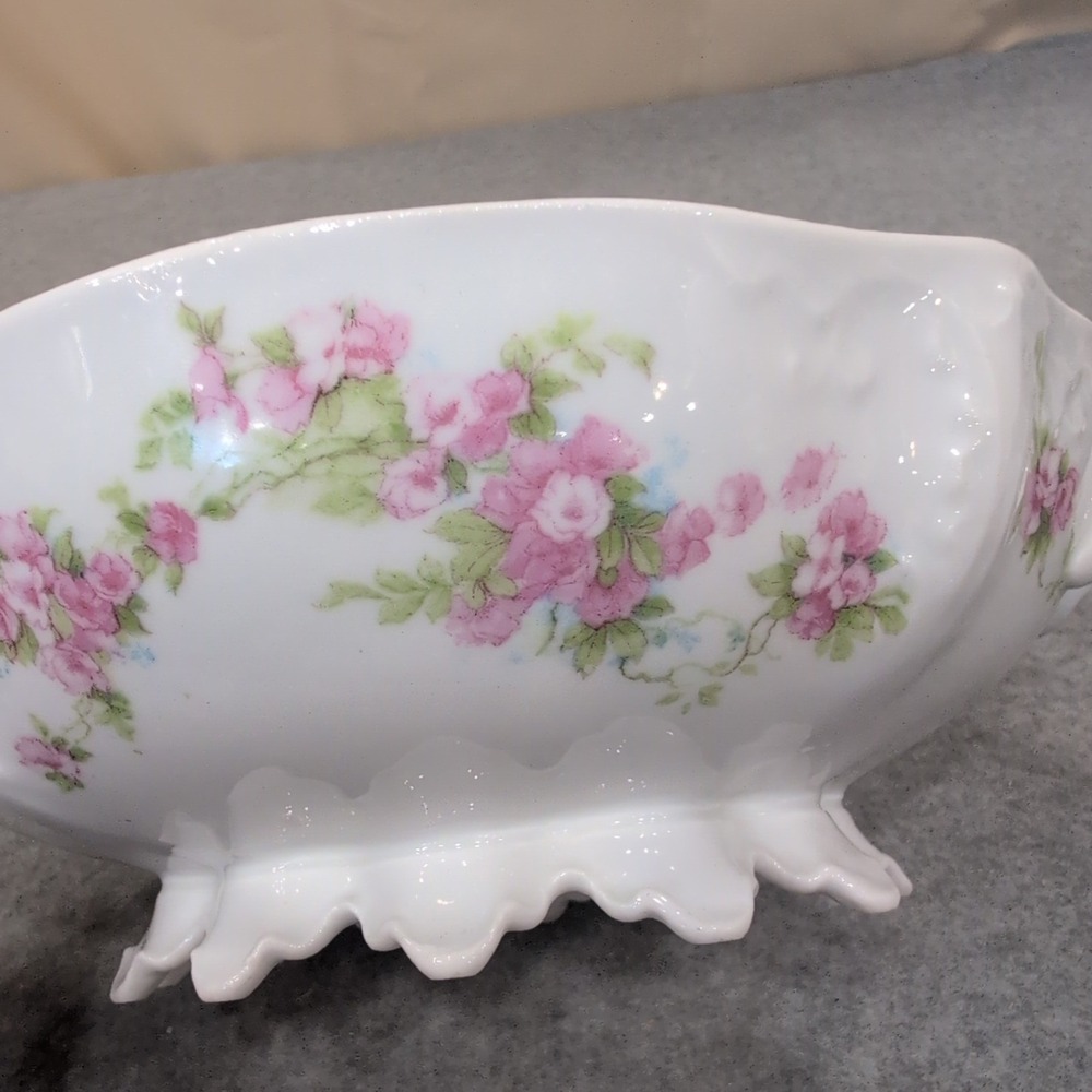 Antique Porcelain Covered Vegetable Tureen Pink Floral Gold Gilt Footed Dish - Picture 7 of 10